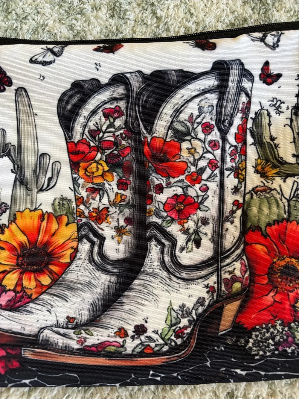 Western Santa Fe Floral Cactus Cowboy Boot Cosmetic Travel Bag Zipper Pouch NWT